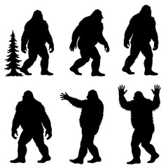 bold bold bigfoot funny silhouette set, retro bigfoot svg for sublimation, forest adventure bigfoot cut file, bigfoot walking silhouette vector art, layered bigfoot