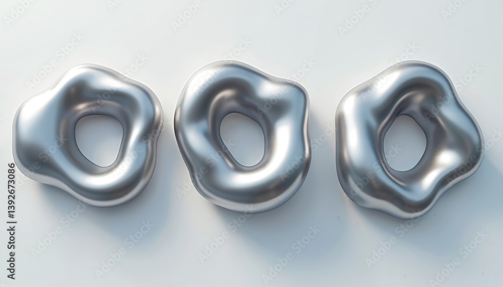Poster three 3d chrome abstract liquid shapes against a white backdrop. rendered metal objects with a gloss