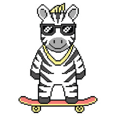 Pixel Art Zebra with Sunglasses on Skateboard Isolated on Transparent Background