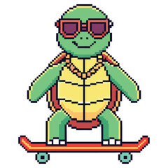 Pixelated Turtle with Sunglasses on Skateboard with Transparent Background