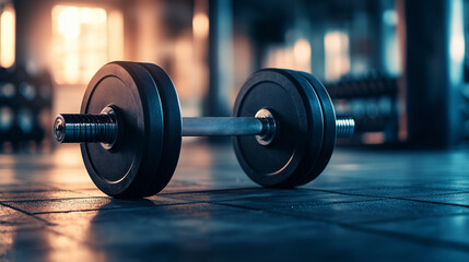 Heavy dumbbell on the gym floor in a modern fitness center.