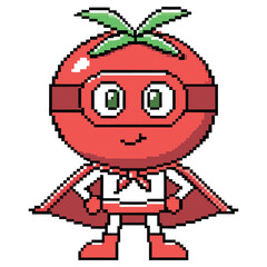 Pixel Art Tomato Superhero Character with Cape on Transparent Background
