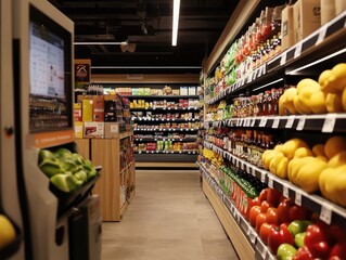 Modern Grocery Store Interior Aisles.