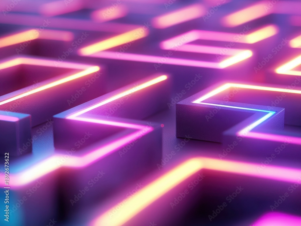 Poster exploring a colorful maze with glowing pathways leading to discovery virtual environment digital art