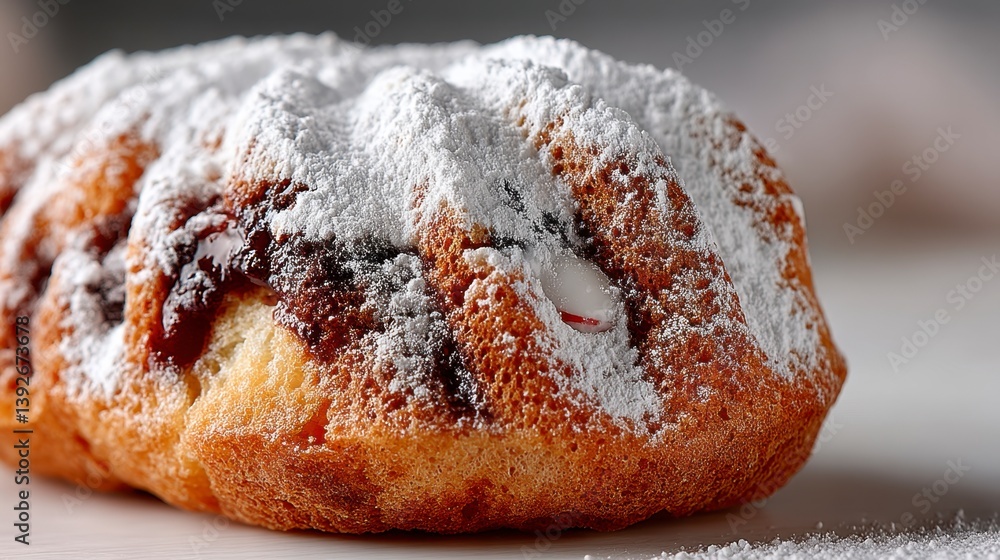 Poster close up of a sweet, round baked good generously dusted with powdered sugar, showing texture and sub