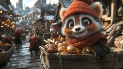 Cute raccoon vendor selling goods in a snowy market