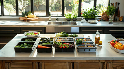 A weekly meal prep delivery package unpacked on a modern kitchen island, emphasizing organization and variety