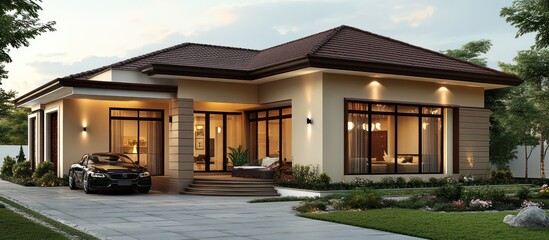 Fototapeta premium Modern Ranch House Dusk, Car, Garden