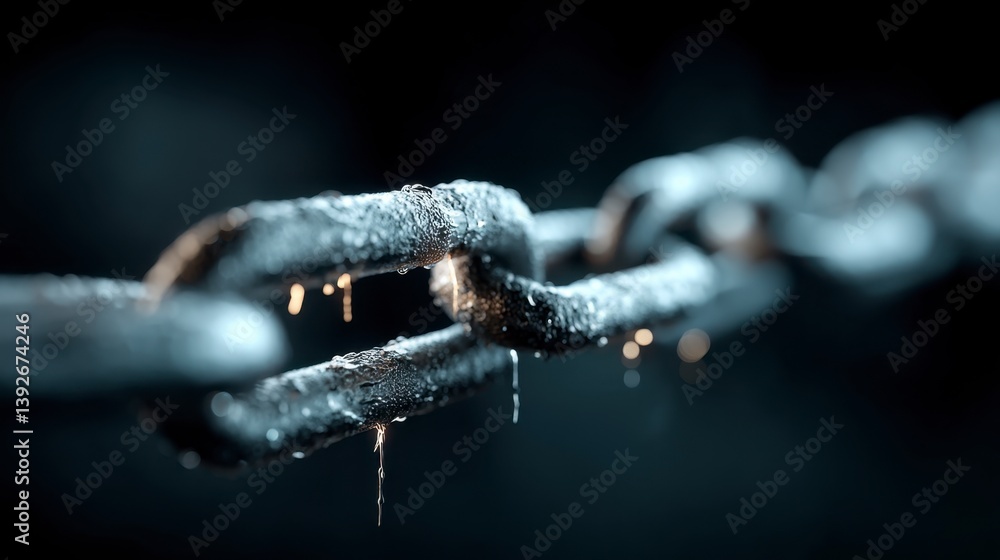 Poster close up of a metallic chain with a textured surface, showing drips of a viscous substance. dark bac