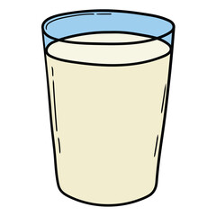 Hand drawn cartoon full glass of milk on white background.