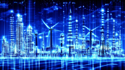 Fototapeta premium Innovative wind-powered cityscape at night futuristic urban environment digital art