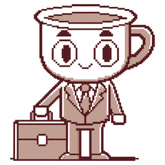 Pixel Art Style Coffee Cup Man with Suitcase, Retro Computer Game Asset Icon