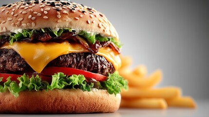 Juicy beef burger with melted cheese, lettuce, tomato, and caramelized onions, served with a side of golden french fries. Close up studio shot.