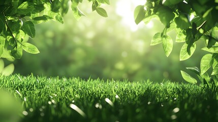 Obraz premium A spring day with a green grass meadow, bright sunlight, tree leaves, and a warm color background with copy space. 