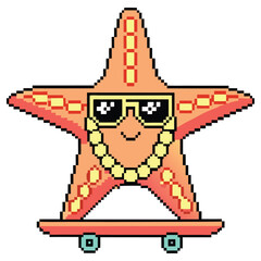 Pixel Art Starfish with Sunglasses and Necklace on Skateboard, Isolated, Cartoon