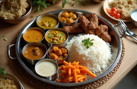 Nepali Thakali Thali dinner meal served on metal tray. Rice, vegetable curries, meat, pickles, yogurt chutney. Traditional Asian cuisine. Delicious, spicy Indian style food, healthy lunch.