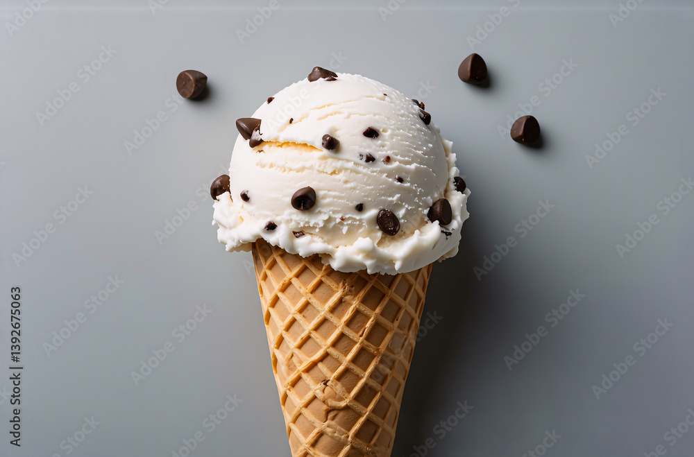 Poster here's a description and keyword list: a close-up shot displays a single scoop of creamy, white ice 
