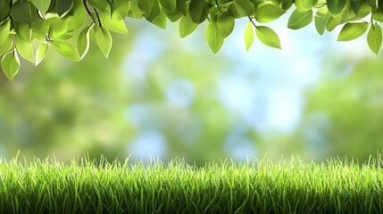 A spring day with a green grass meadow, bright sunlight, tree leaves, and a warm color background with copy space. 