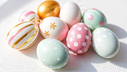 Fototapeta premium Decorative Easter Eggs – Eggs are painted with stripes, polka dots, and wavy patterns in various colors including gold, white, pink, and mint green.