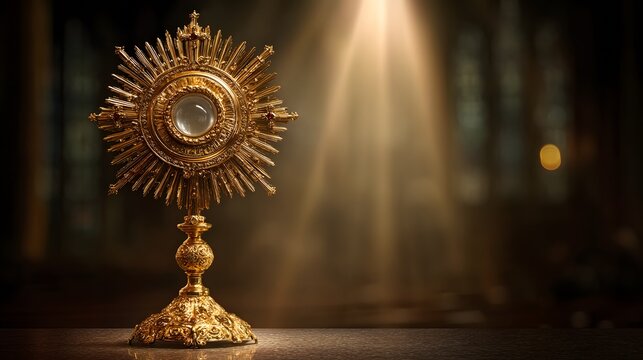 Golden monstrance shining with light. An ornate, radiant symbol evoking reverence, tradition, and spiritual significance. Exquisite craftsmanship.
