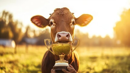 Cow Holds Trophy in Golden Field at Sunrise