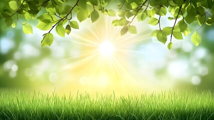 A spring day with a green grass meadow, bright sunlight, tree leaves, and a warm color background with copy space. 