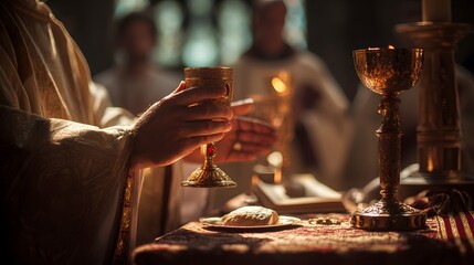 Priest holds chalice during church service, symbolizing faith and ritual. Golden light illuminates communion elements. Eucharistic celebration.