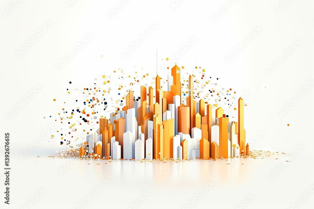 Poster 3D business graph with organized bars and information blocks. Abstract infographic element. Business growth and development to success concepts