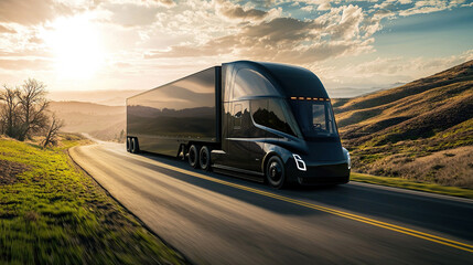 Trucking at sunset on a scenic highway near mountains with a beautiful sky