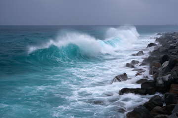 Fototapeta premium Powerful ocean waves crashing against rocky shoreline under overcast sky, deep turquoise water and sea spray captured in dynamic seascape scene for nature, energy, and coastal themes