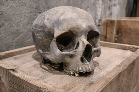 Close-up of aged human skull on wooden crate in dimly lit interior, detailed texture and bone structure for anatomy, archaeology, death, and Halloween themes