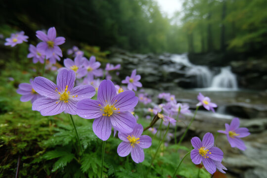 Close-up of purple wildflowers with yellow centers growing near a forest waterfall, misty background with moss-covered rocks and flowing water, springtime - Powered by Adobe
