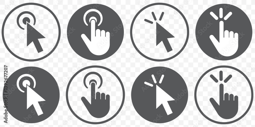 Poster set of black cursor icons click, featuring various mouse click cursor designs. editable cursor icon 