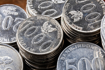 Close-Up View for Economic Theme. Macro Detail of Indonesian Currency Coins