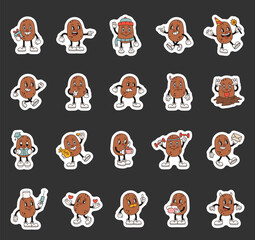 Obraz premium Groovy retro cartoon potato character illustrations with emotions actions accessories expressions objects and seasonal festive decorative elements