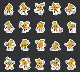 Groovy retro lemon fruit character doing fun cartoon vintage comic activities for print sticker design decoration humor joy