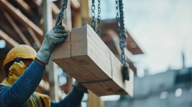 A construction laborer lifting materials at a building site. Featuring physical effort and teamwork