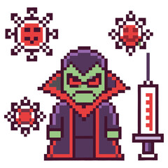 Pixel Art Dracula with Viruses and Syringe on White Background Halloween Theme