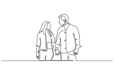 Continuous one line drawing of young Couple Walking Together. Single line drawing illustration of romantic couple holding hands. Romance concept vector art. Doodle line illustration.