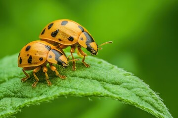 Fototapeta premium Bright orange ladybugs mating on a green leaf in a garden under soft natural light