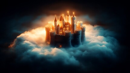Fototapeta premium Enchanted Castle in the Clouds: A Nighttime Fantasy