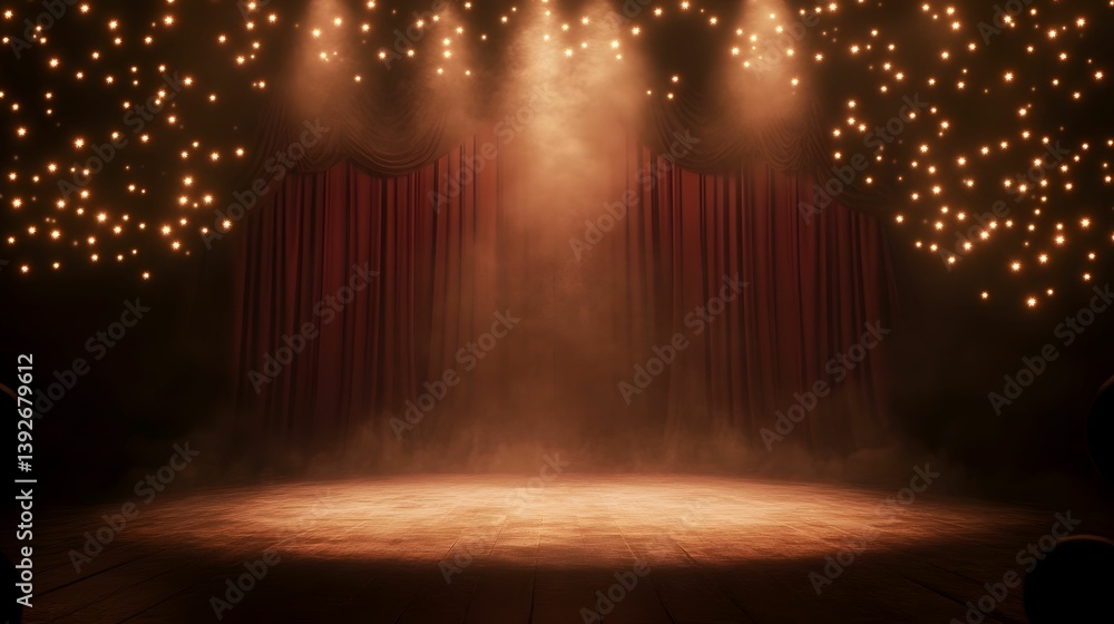 Poster a dimly lit stage with glowing lights and curtains, creating an atmospheric setting for a performanc