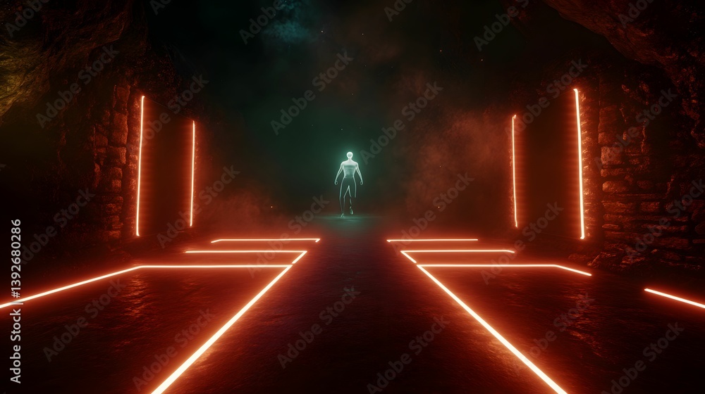 Poster a glowing figure stands in a dark, illuminated corridor with neon lines, creating a futuristic and m