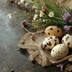 Obraz premium Rustic Still Life of Quail Eggs and Wildflowers on Burlap