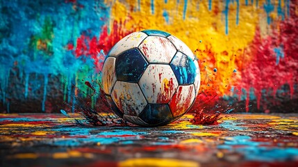 Highly detailed soccer ball surrounded dynamic abstract graffiti splash vivid shade of red blue yellow green background consists of textured concrete wall giving urban street art feel composition