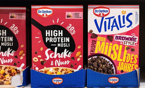 Dr. Oetker Vitalis classic muesli boxes on shelf. - FRANKFURT, GERMANY - MARCH 21, 2025