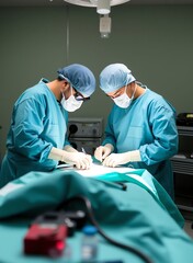 an image of two surgeons performing surgery in a hospital, there is a man and a woman in scrubs doing surgery