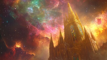 Obraz premium Golden Cathedral Illuminated Against A Swirling Cosmic Nebulous Background