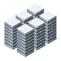 Isometric illustration of a modern server room with multiple data center racks isolated on white background for IT infrastructure concept
