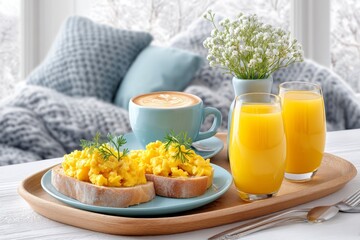 A cozy breakfast setup with toast, scrambled eggs, and orange juice on a wooden table